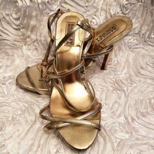 Badgley Mischka Women's Gold Strappy Heels 8 M Leather Metallic Sandals Shoes.